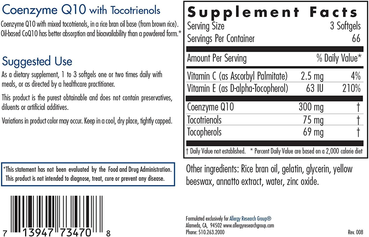 Allergy Research Group	CoQ10 100mg w/tocos 200sg
