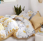 SLEEPBELLA Duvet Cover Queen Size, 600 Thread Count Cotton Grey Branches and Yellow Flower Reversible Comforter Cover(Queen, White Leaf)