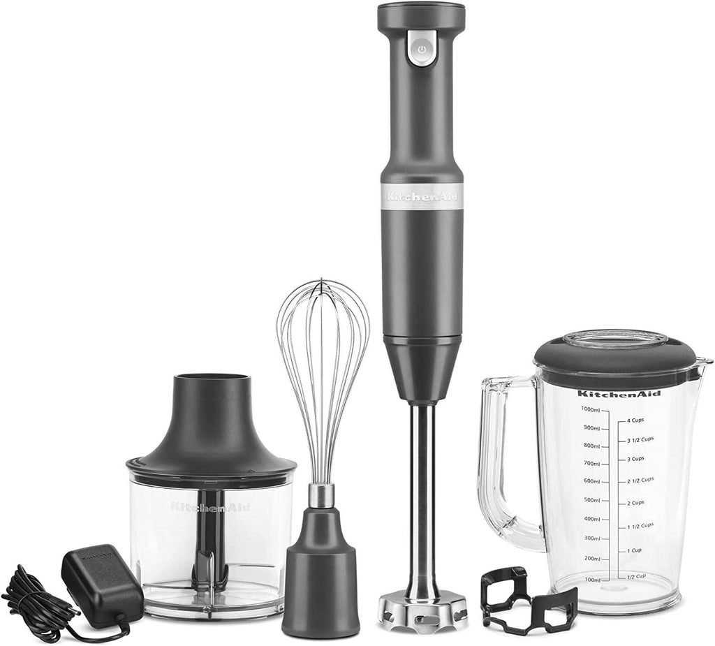 KitchenAid Cordless Variable Speed Hand Blender with Chopper and Whisk Attachment - KHBBV83, Matte Charcoal Grey