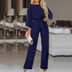 Solid Color Round Neck Long Sleeve Belted Jumpsuit