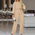 Solid Color Round Neck Long Sleeve Belted Jumpsuit
