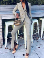 Ladies' Simple And Elegant Plaid Slit Suit