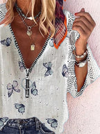 Fashion Butterfly Print V-neck Long Sleeve Loose Blouse