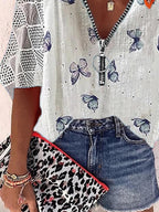 Fashion Butterfly Print V-neck Long Sleeve Loose Blouse