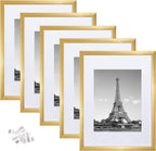upsimples 12x16 Picture Frame Set of 5, Display Pictures 8.5x11 with Mat or 12x16 Without Mat, Wall Gallery Photo Frames,Gold