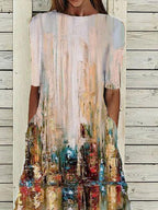 Oil Painting Print Round Neck Short Sleeve Casual Maxi Dress