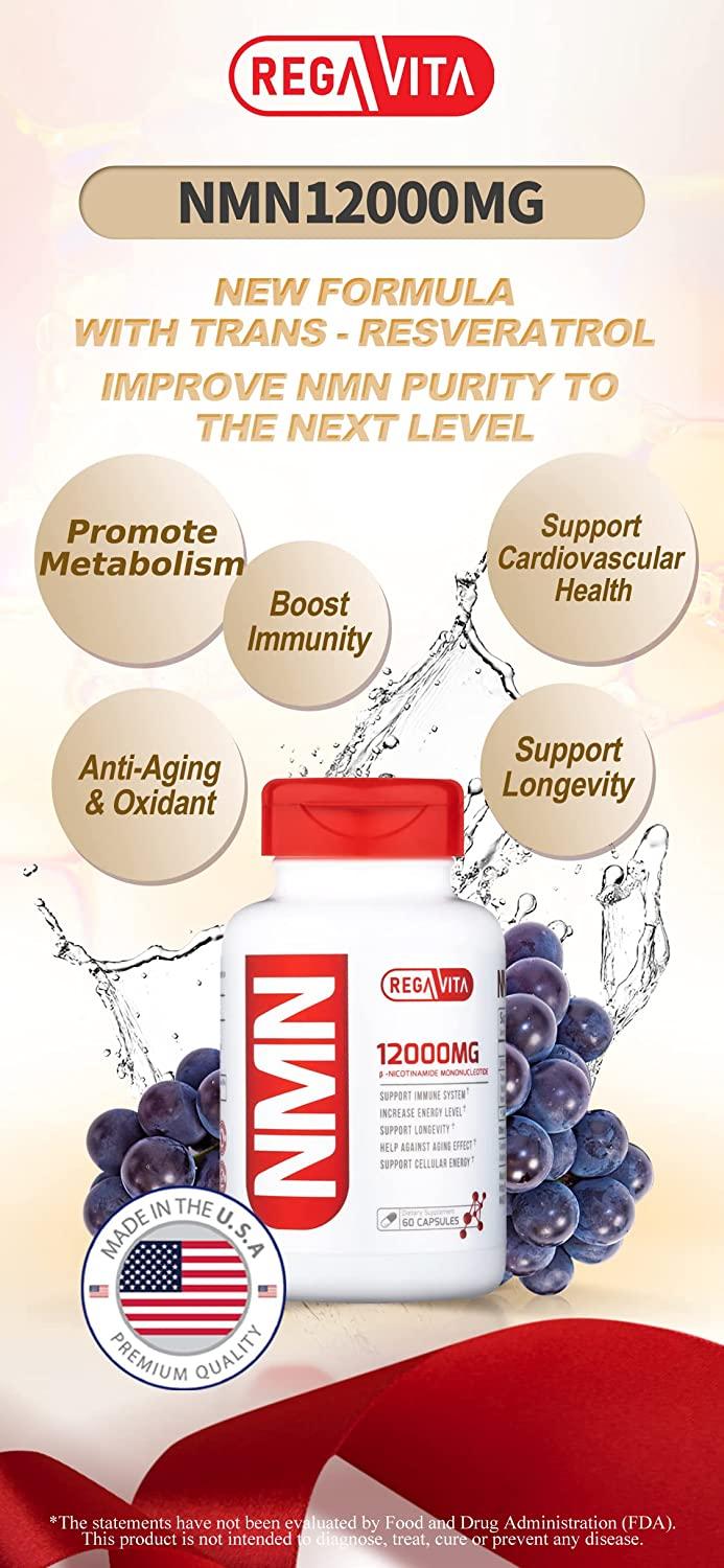 REGA VITA NMN12000MG 60 Capsules Ultra High Purity NMN β-Nicotinamide Mononucleotide Booster Supplement Plus Trans-Resveratrol NAD+ Booster (1)