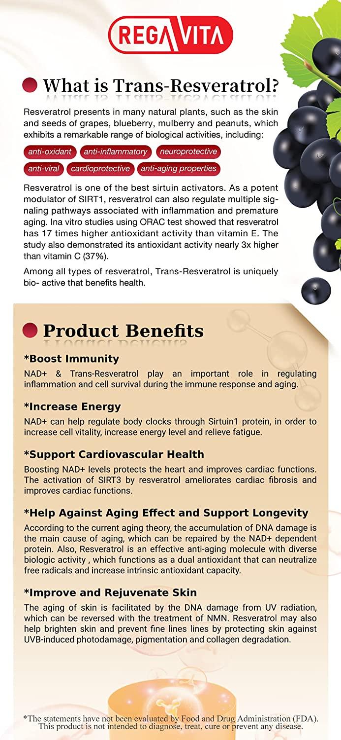REGA VITA NMN12000MG 60 Capsules Ultra High Purity NMN β-Nicotinamide Mononucleotide Booster Supplement Plus Trans-Resveratrol NAD+ Booster (1)
