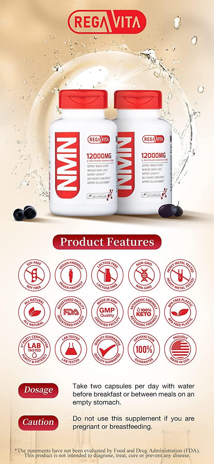 REGA VITA NMN12000MG 60 Capsules Ultra High Purity NMN β-Nicotinamide Mononucleotide Booster Supplement Plus Trans-Resveratrol NAD+ Booster (1)