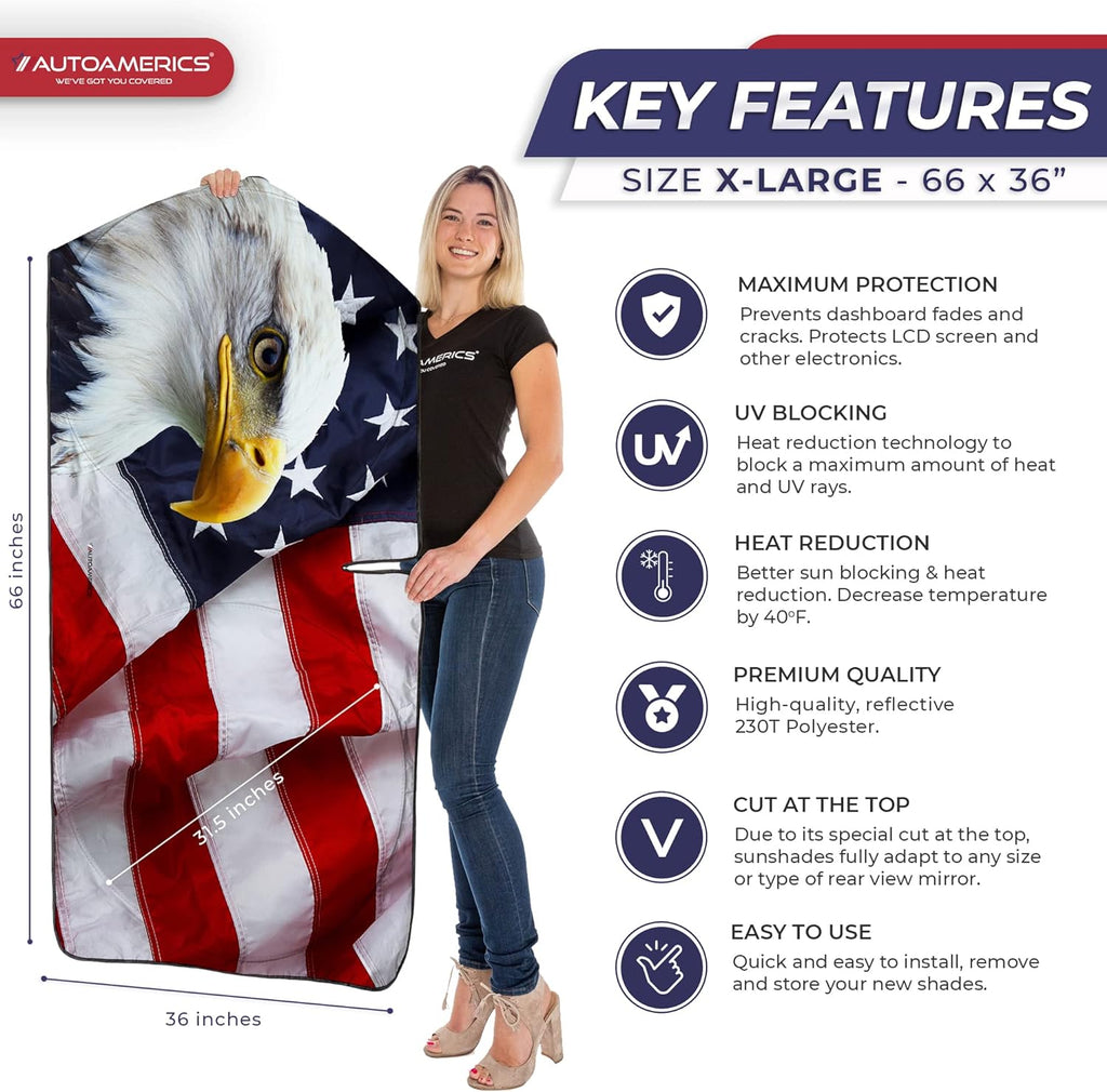 Autoamerics 1-Piece Windshield Sun Shade American Eagle Flag - 3 USA Patriotic  - Foldable Car Front Window Sunshade for Sedans SUV Truck - Blocks Max UV Rays and Keeps Your Vehicle Cool X-Large