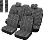 Pariitadin Baja Saddle Blanket Car Seat Covers Full Set with Seat Belt Pads, Washable Breathable Striped Woven Cloth Seat Covers for Cars, Universal Fit Most Cars, Airbag Compatible, Black/White