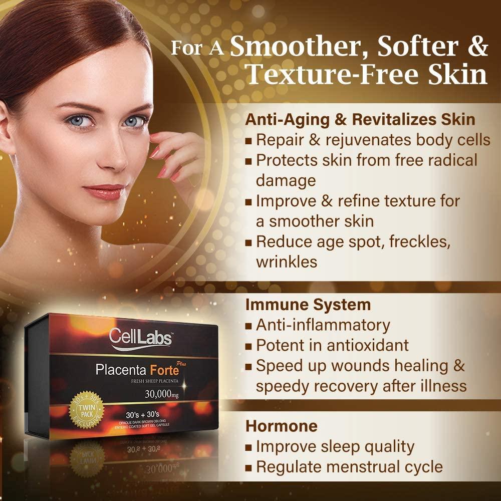 CellLabs Sheep Placenta Forte Plus 30,000mg Premium Quality Stem Cell Supplement, Anti-Aging, Rich Antioxidant, Speedy Healing, Vitality, Enhance Immunity, 60's enteric Capsule