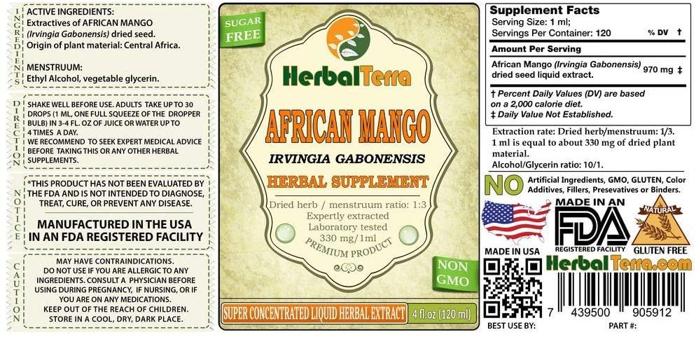 African Mango, Black Myrobalan (Irvingia Gabonensis) Dried Seed Liquid Extract (Brand Name: HerbalTerra, Proudly Made in USA) 20x4 oz