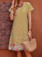 Printed Short Sleeve V-neck Cotton Shift Dress