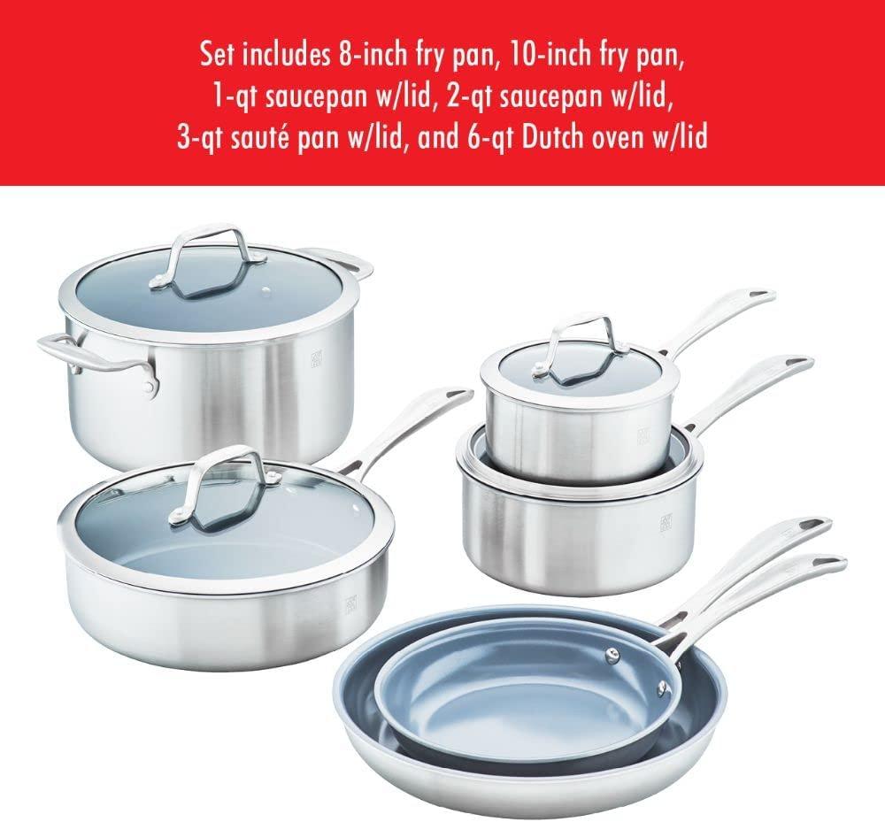 ZWILLING Spirit 3-ply 10-pc Stainless Steel Ceramic Nonstick Pots and Pans Set, Dutch Oven, Fry Pan