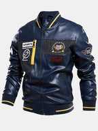 mens pu leather casual fleece lined thick varsity jacket with badges