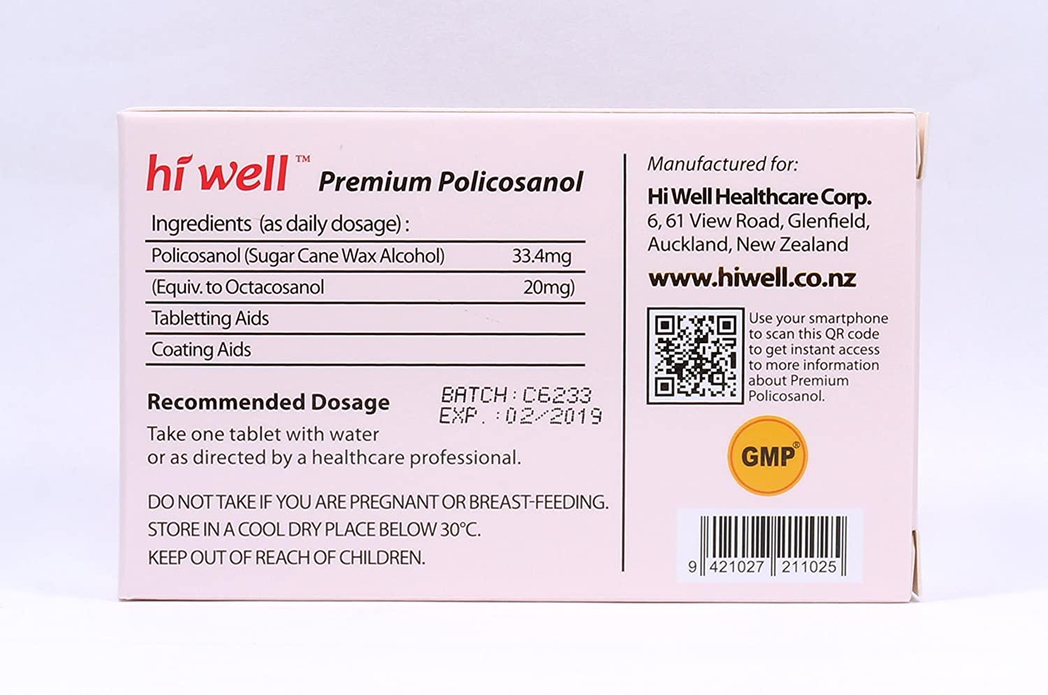 Hiwell Premium Policosanol 33.4mg (Octacosanol 20mg) 60 Tablets (Pack of 4)