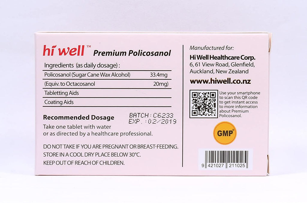 Hiwell Premium Policosanol 33.4mg (Octacosanol 20mg) 60 Tablets (Pack of 6)