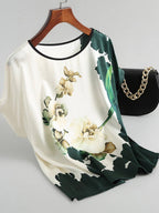 Crew Neck Ice Silk Print Bat Sleeve T-shirt