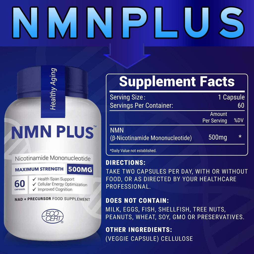 Maximum Strength NMN Capsules, 500mg, NAD+ Levels for Mental Performance & Anti Aging, 60 Capsules Nicotinamide Mononucleotide Supplement(600 Count(Pack of 10))