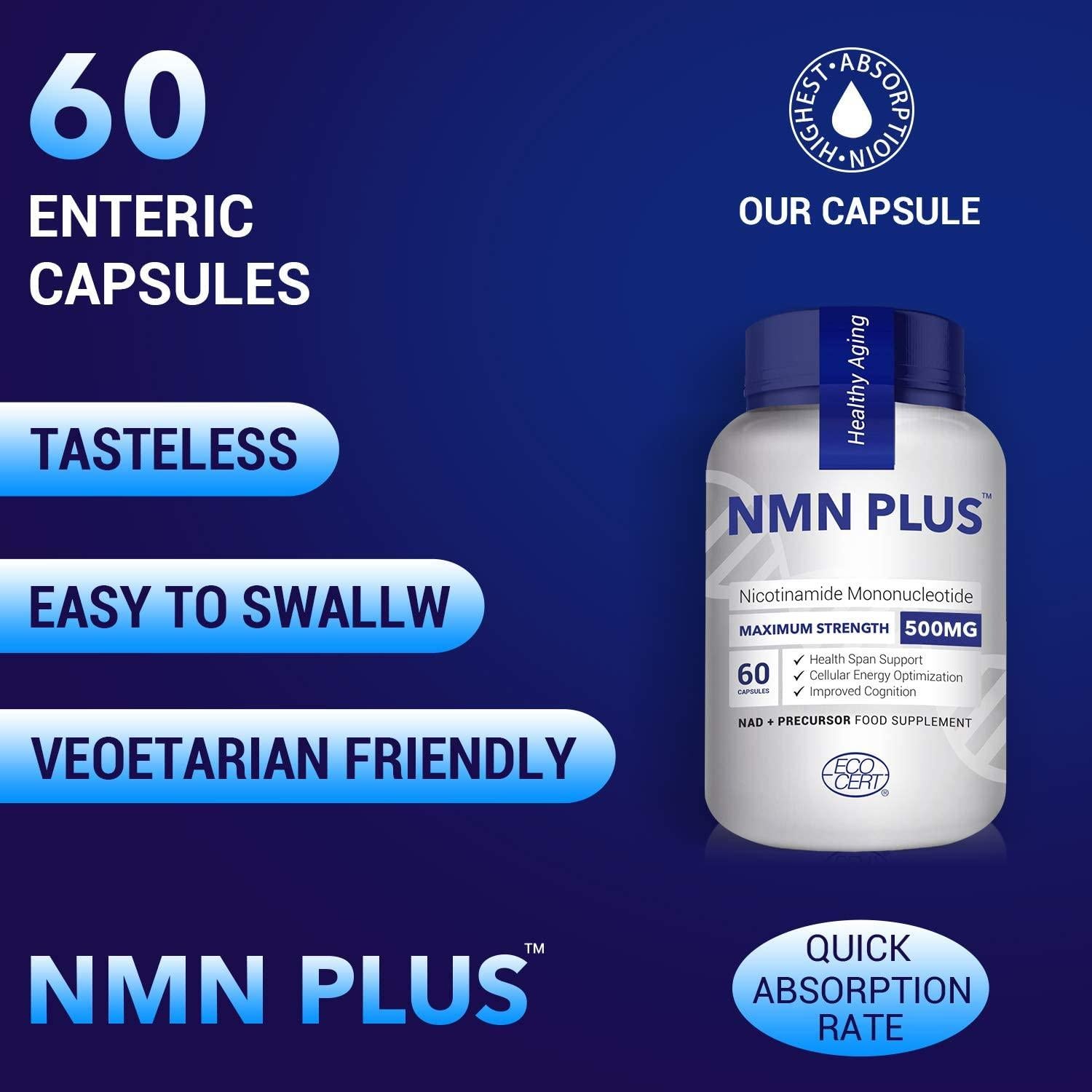 Maximum Strength NMN Capsules, 500mg, NAD+ Levels for Mental Performance & Anti Aging, 60 Capsules Nicotinamide Mononucleotide Supplement(600 Count(Pack of 10))