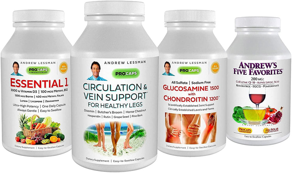 Andrew Lessman 4 Product Customer Favorites Bundle – 180 Capsules Each of Circulation & Vein Support, Essential 1, Glucosamine 1500 Chondroitin 1200, & Andrew’s Five Favorites. Promotes Overall Health