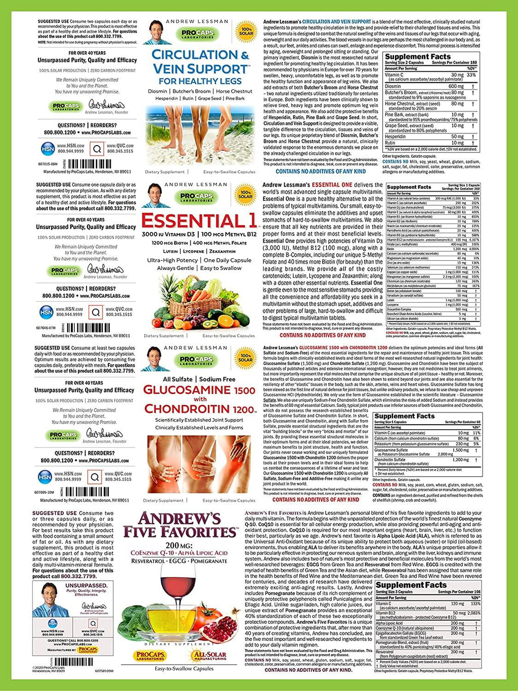 Andrew Lessman 4 Product Customer Favorites Bundle – 180 Capsules Each of Circulation & Vein Support, Essential 1, Glucosamine 1500 Chondroitin 1200, & Andrew’s Five Favorites. Promotes Overall Health