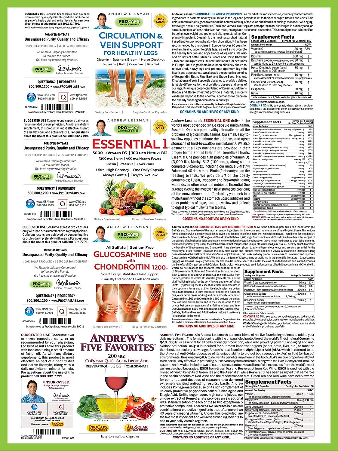 Andrew Lessman 4 Product Customer Favorites Bundle – 180 Capsules Each of Circulation & Vein Support, Essential 1, Glucosamine 1500 Chondroitin 1200, & Andrew’s Five Favorites. Promotes Overall Health