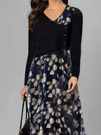 Fashion Flower Print V-neck Long Sleeve Casual Maxi Dress