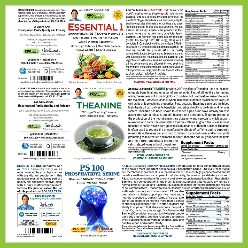 Andrew Lessman 3 Product Brain Support Bundle – 360 Capsules Each of Essential 1, Theanine, and PS-100. Supports Overall Health and Promotes Healthy Brain Function.