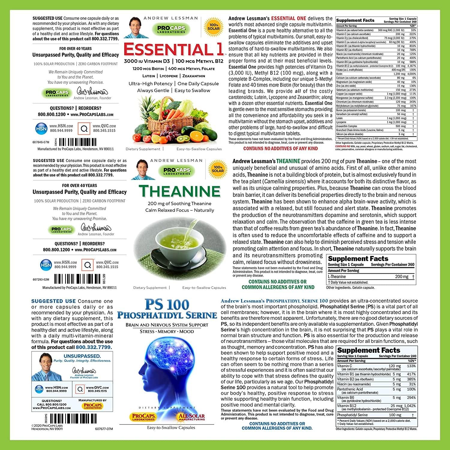 Andrew Lessman 3 Product Brain Support Bundle – 360 Capsules Each of Essential 1, Theanine, and PS-100. Supports Overall Health and Promotes Healthy Brain Function.