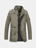 men's casual business windproof thicken multi safe zipper pockets plaid warm trench coat