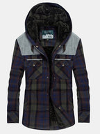 mens plaid 100% cotton plush lined thick snap button shirt hooded overcoats