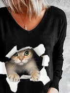 Cat Print V-neck Long-sleeved Casual Fashion T-shirt