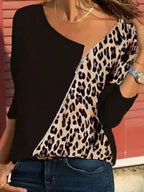 Casual Zipper Irregular Collar Leopard Print T-shirt