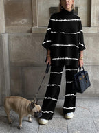 Women's Fashion Casual Black And White Striped Round Neck Suit