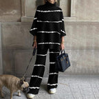 Women's Fashion Casual Black And White Striped Round Neck Suit