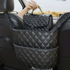 Car Purse Handbag Holder Between Seats, Leather Car Seat Back Organizer With 3 Pockets, LarCapacity StoraBag