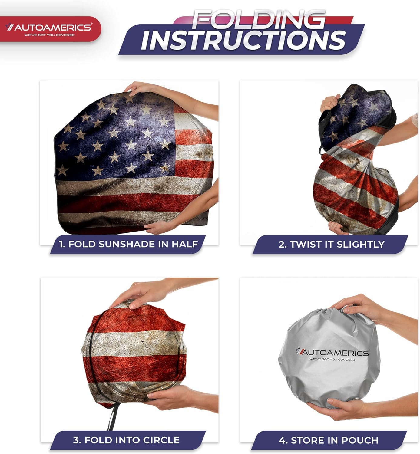 Autoamerics 1-Piece Windshield Sun Shade Grunge American Flag - 2 USA  - Foldable Car Front Window Sunshade for Most Sedans SUV Truck - Blocks Max UV Rays and Keeps Your Vehicle Cool - Small
