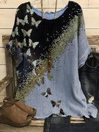 Round Neck Butterfly Bronzing Print Loose Blouse