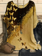 Round Neck Butterfly Bronzing Print Loose Blouse