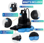 BACOENG Automatic Swimming Pool Cover Pump 2250GPH with Check Valve & Garden Hose Adapter, Wheels Attached, 25" Power Cord Submersible Water Pump for Pool Draining