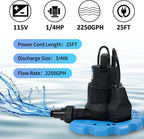 BACOENG Automatic Swimming Pool Cover Pump 2250GPH with Check Valve & Garden Hose Adapter, Wheels Attached, 25" Power Cord Submersible Water Pump for Pool Draining