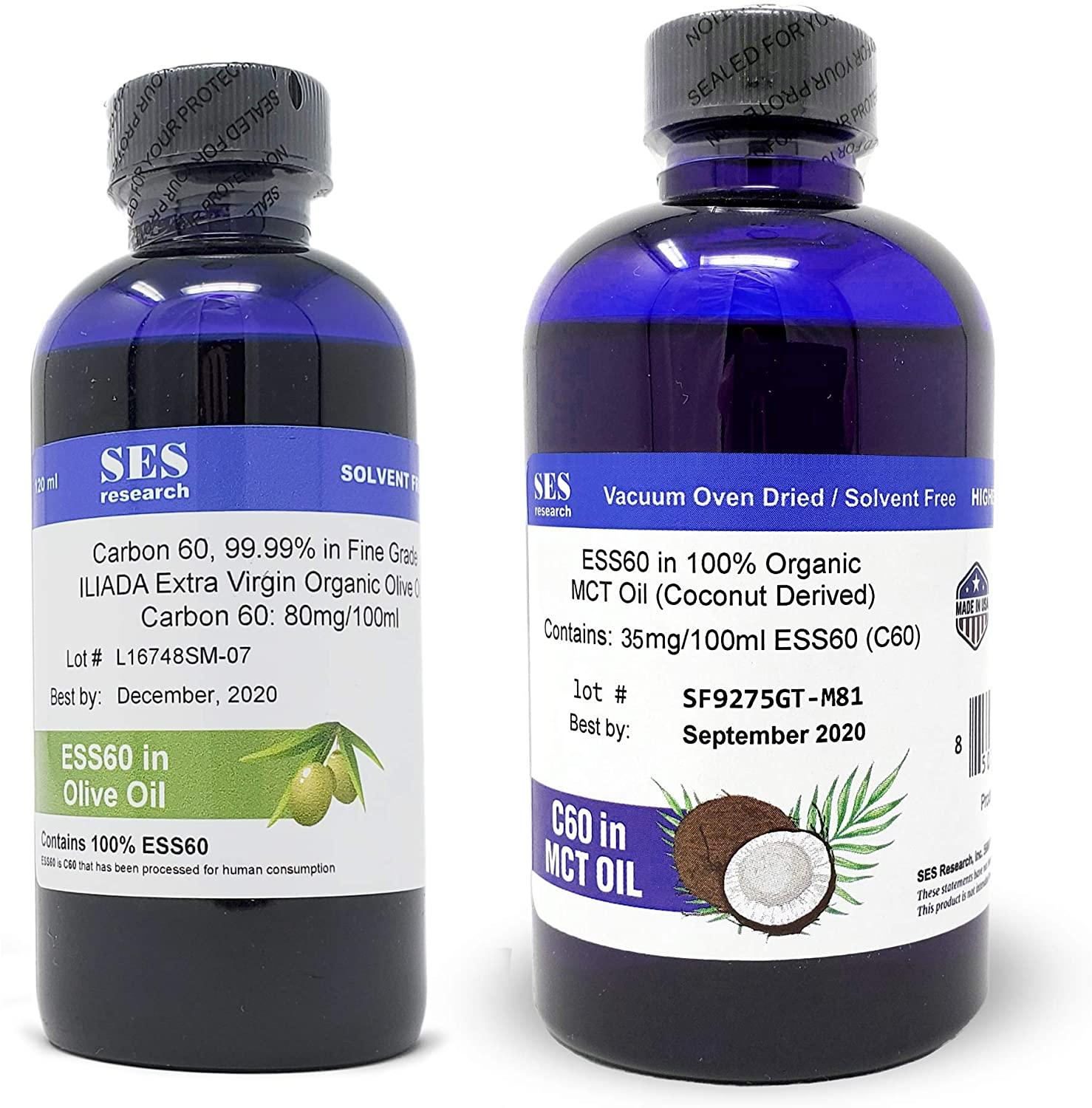 Combo of SES Research Carbon 60 (ESS60) - Nootropic, Focus, Sleeping Aid, Pain Relief, Anti Aging, Super Antioxidant Olive Oil and 100% Organic Coconut Derived MCT Oil - 150ml