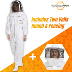 Natural Apiary Max Pro Cotton Suit Includes 2 x Non-Flammable Veils (Round & Fencing) Maximum Sting Protection for Professional & Beginner Beekeepers, X Small, White