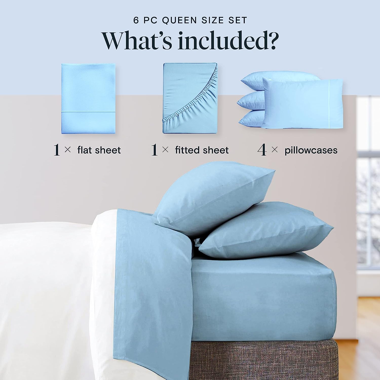 LuxClub 6 PC Queen Sheet Set Bamboo Sheets Deep Pockets 18" Eco Friendly Wrinkle Free Cooling Sheets Machine Washable Hotel Bedding Silky Soft - Sky Queen