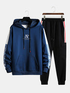 mens contrast patchwork letter pattern drawstring hooded casual two pieces outfits