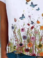 Flower Print V-neck Short-sleeved Casual T-shirt