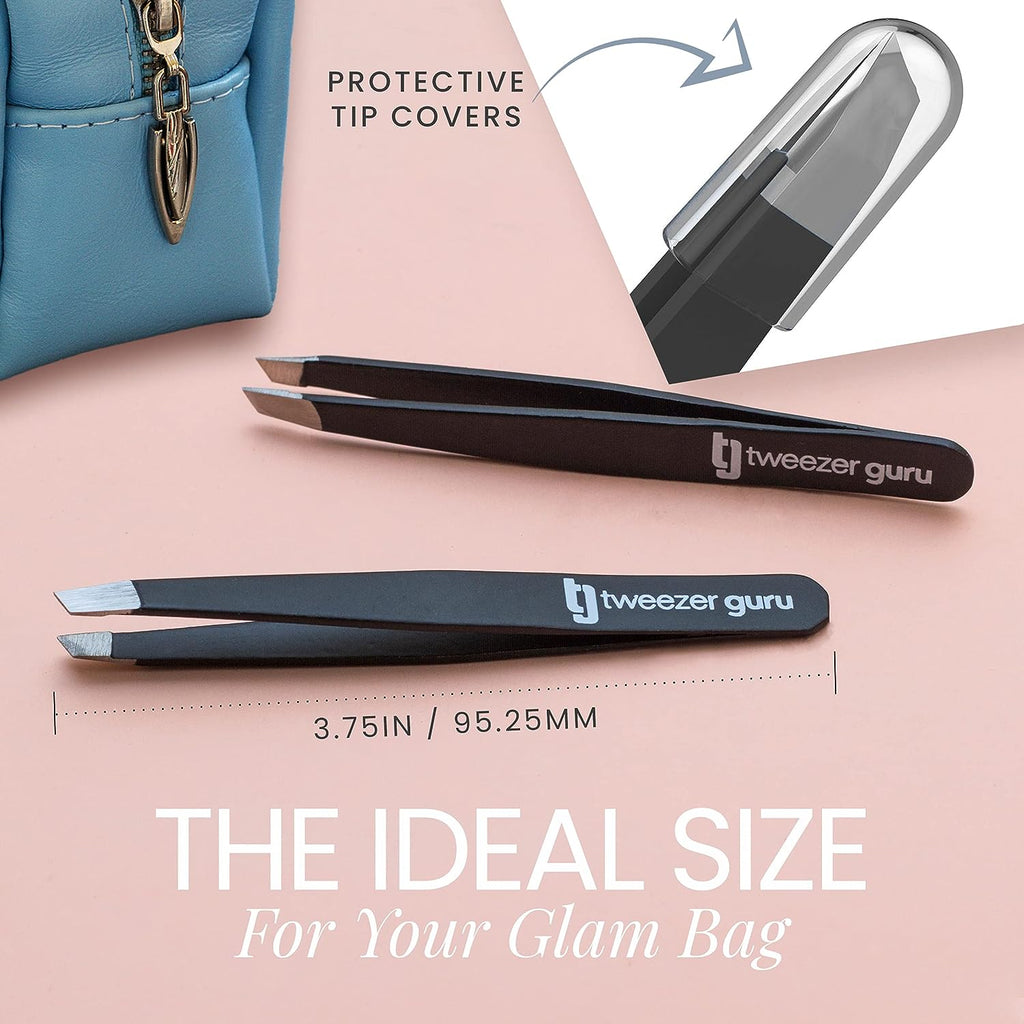 Tweezer Guru Tweezers for Women - Slant Pointed Precision Tweezers for Eyebrows &amp; Ingrown Hair Removal - Blackhead and Splinter Tweezer with Sharp Needle Nose Point for Plucking (Black)