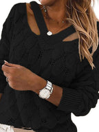 V-neck Off-shoulder Solid Color Pullover